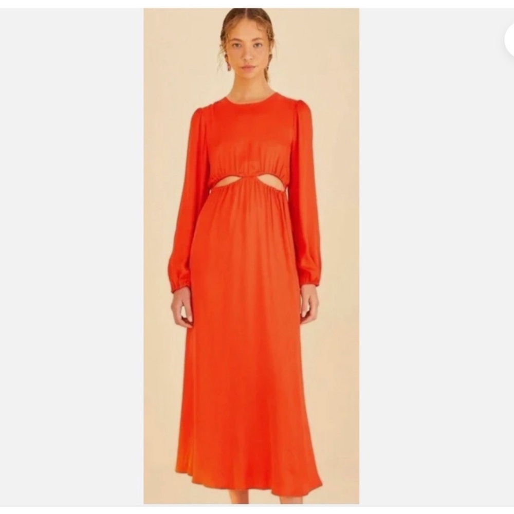 Farm Rio • Midi Dress • Satin Viscose • Cutout Waist • Medium • Bead Tassels